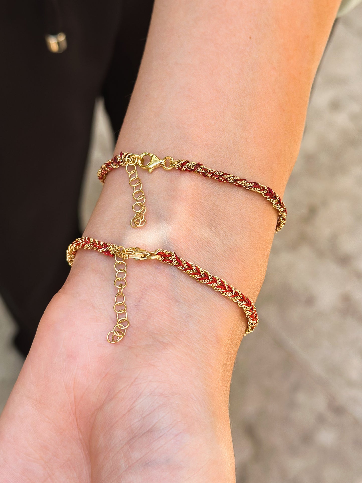 Bracciale in Argento placcato oro giallo 18kt fatto a mano con seta Rossa e Bordeaux