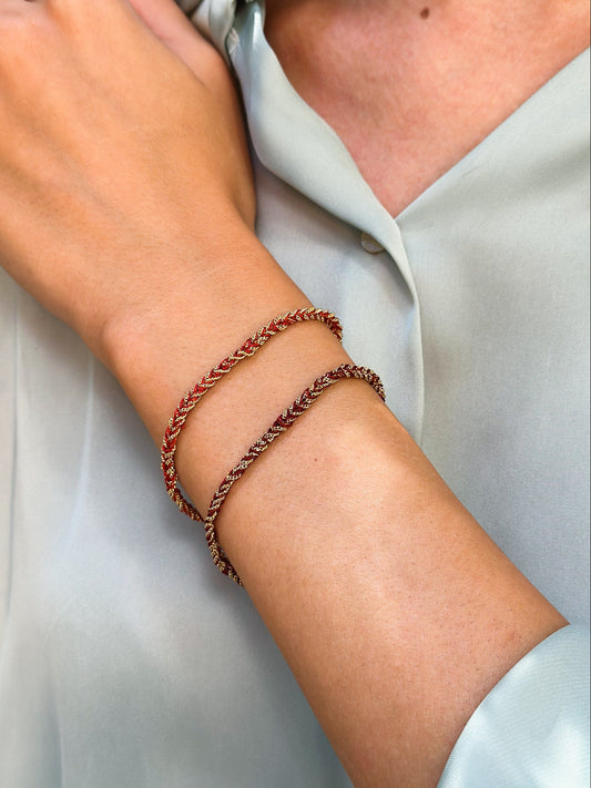 Bracciale in Argento placcato oro giallo 18kt fatto a mano con seta Rossa e Bordeaux