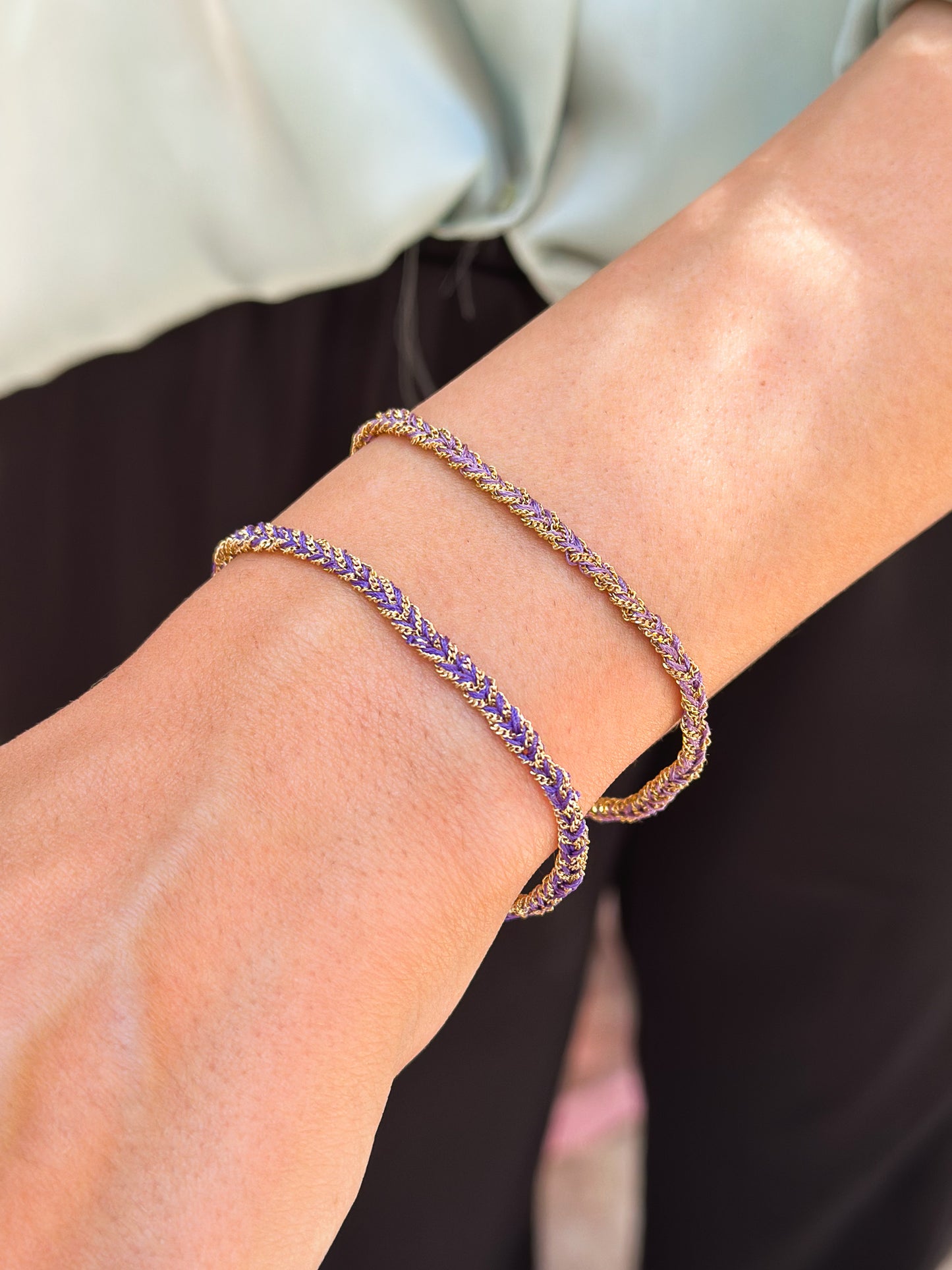 Bracciale in Argento placcato oro giallo 18kt fatto a mano con seta Viola e Lilla