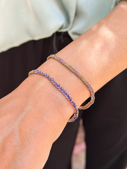 Bracciale in Argento placcato oro giallo 18kt fatto a mano con seta Viola e Lilla