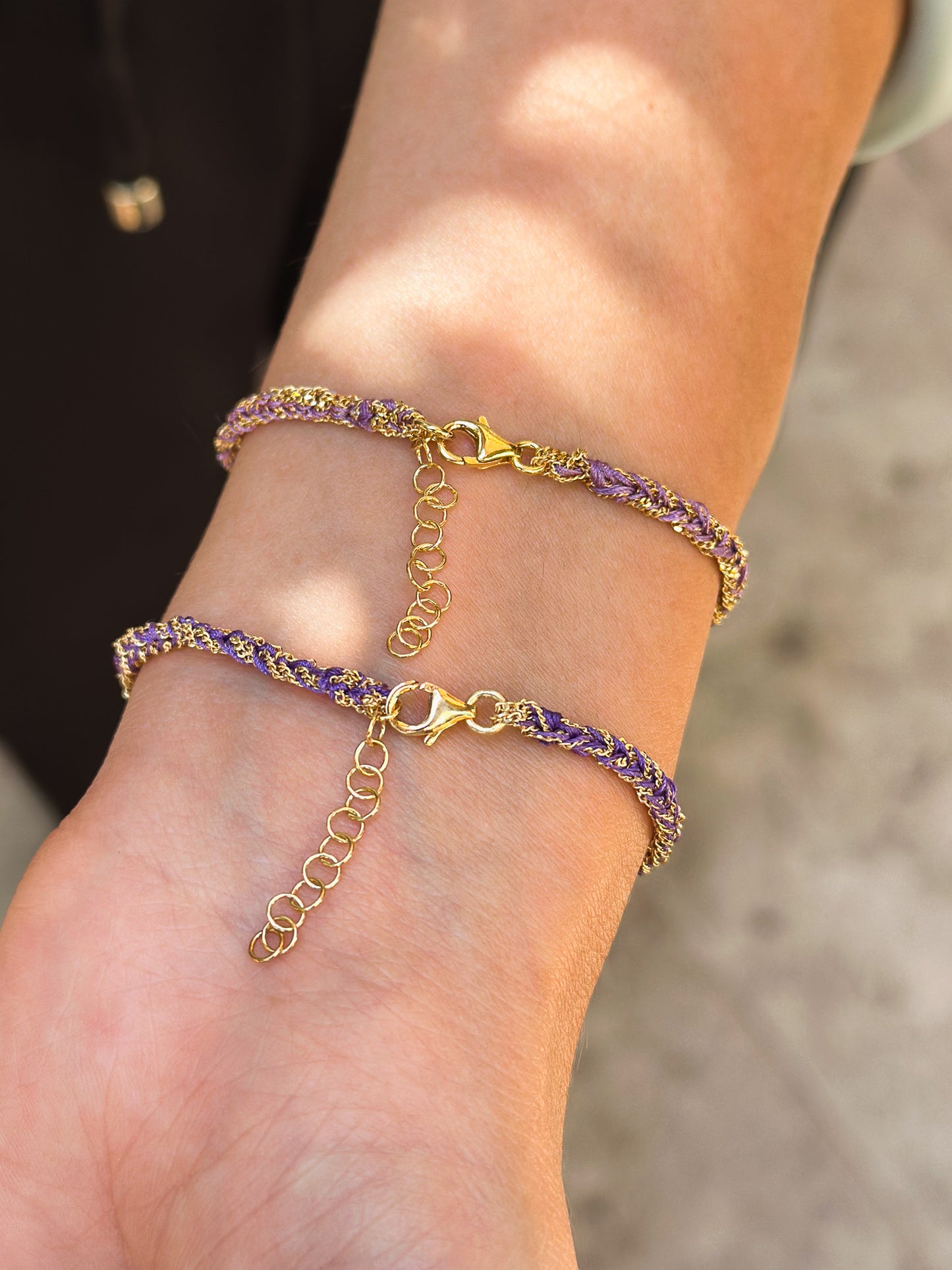 Bracciale in Argento placcato oro giallo 18kt fatto a mano con seta Viola e Lilla