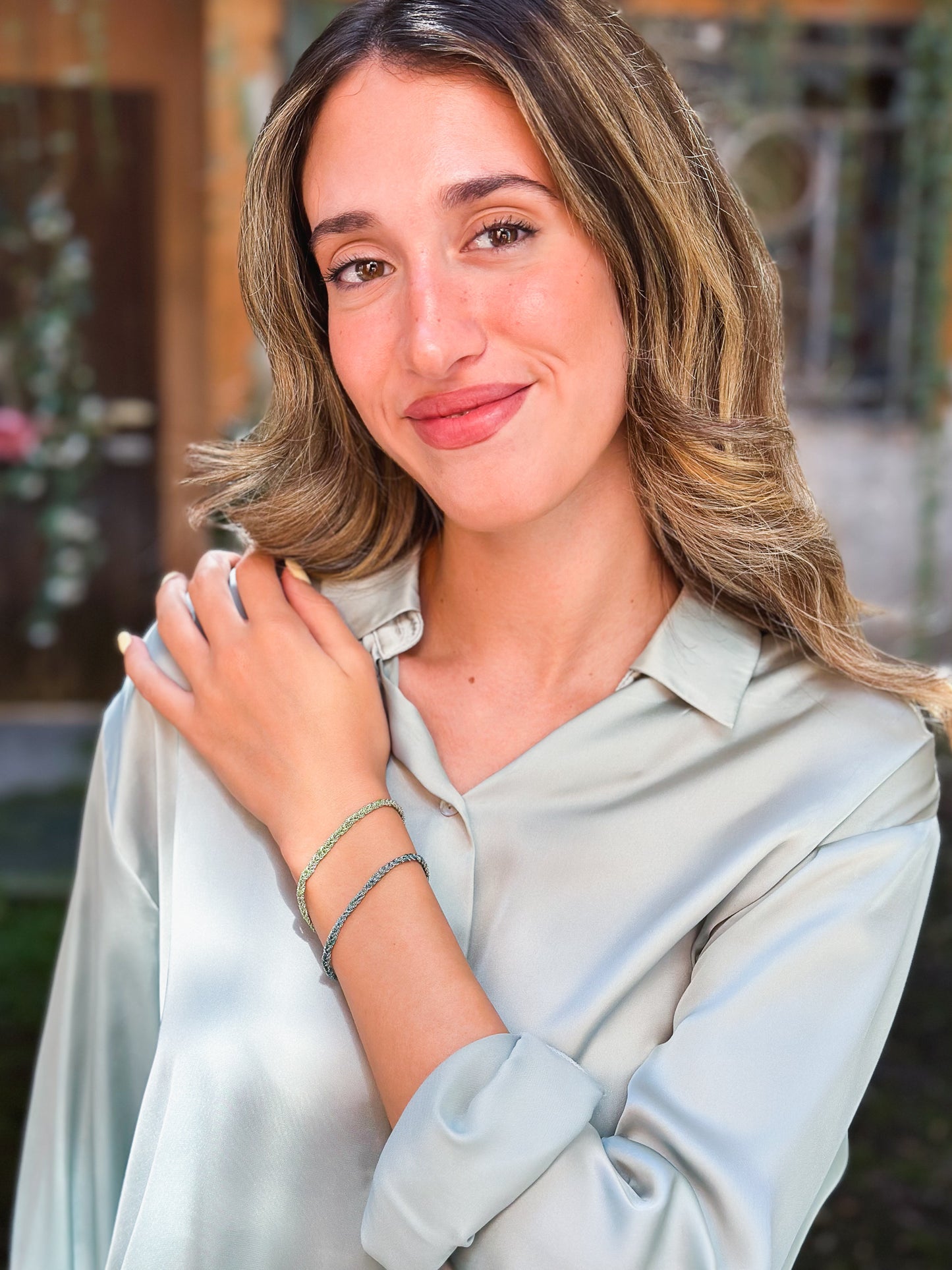 Bracciale in Argento rodio fatto a mano con seta Verde