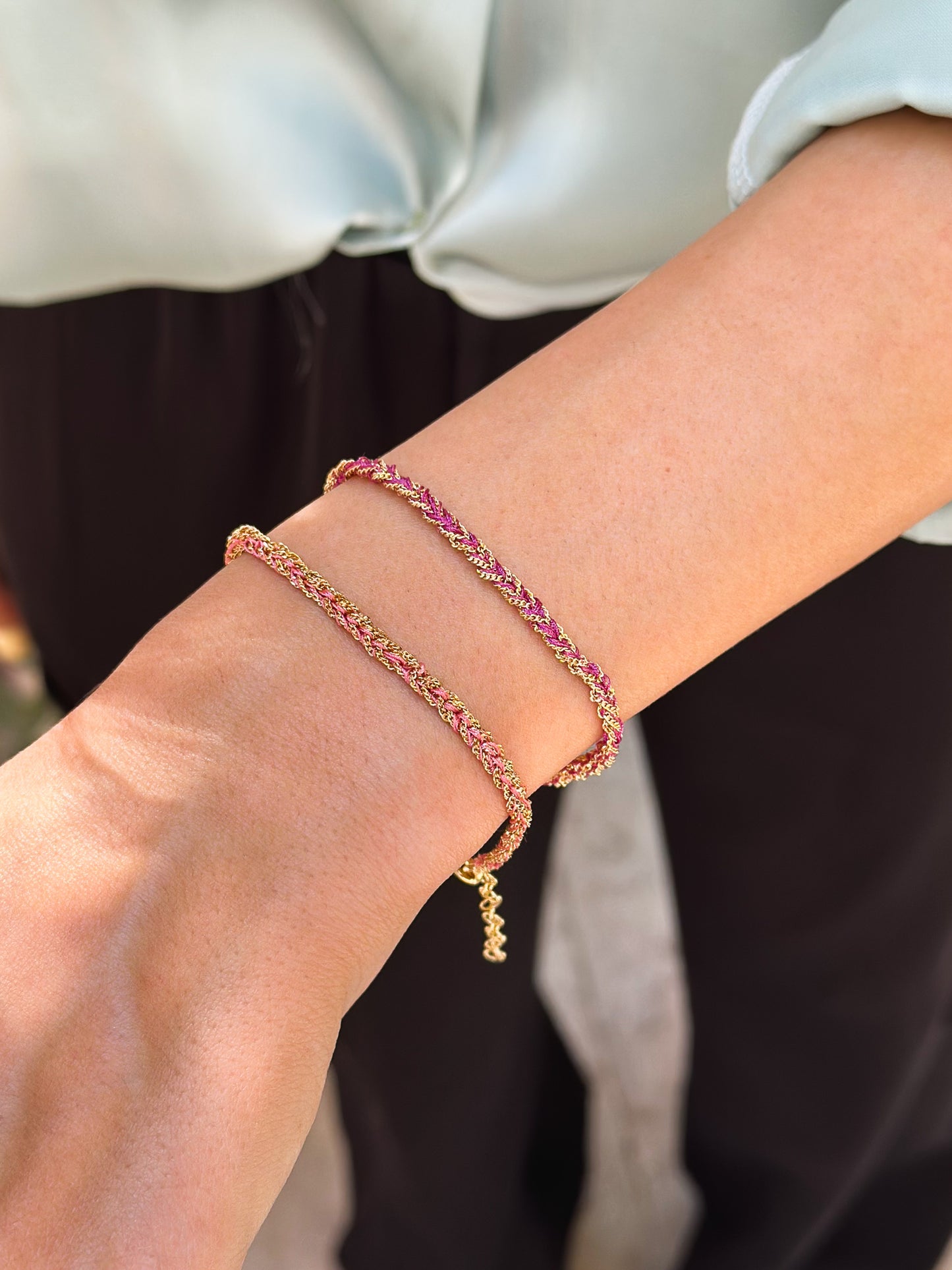 Bracciale in Argento placcato oro giallo 18kt fatto a mano con seta Rosa