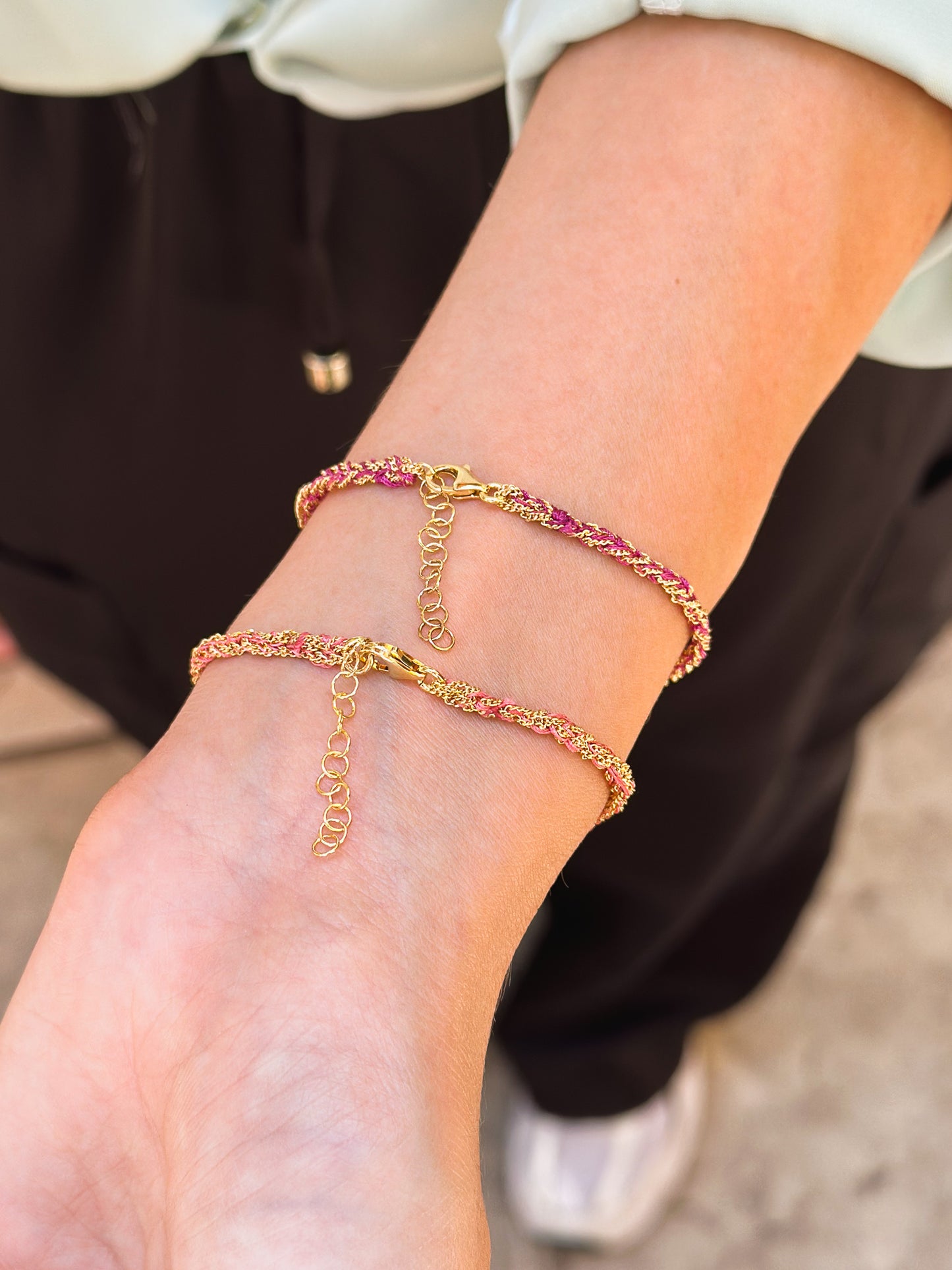 Bracciale in Argento placcato oro giallo 18kt fatto a mano con seta Rosa