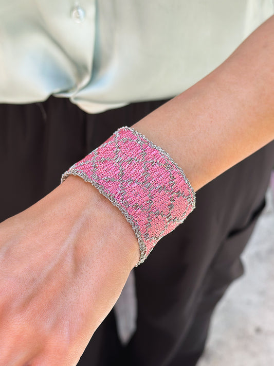 Bracciale fatto a mano in Argento Rodio e seta Rosa