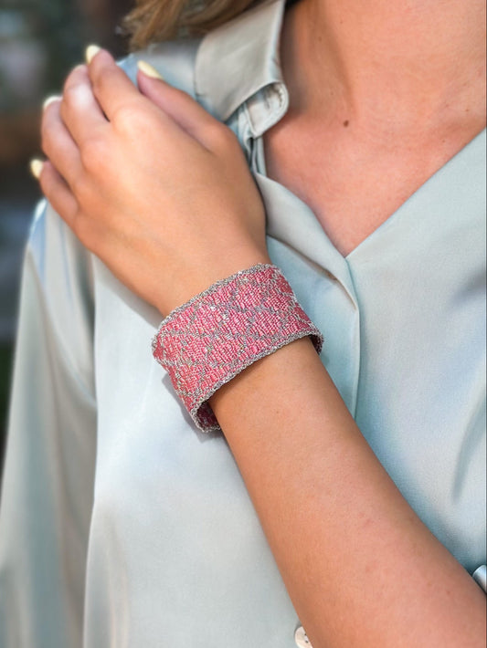 Bracciale fatto a mano in Argento Rodio e seta Rosa