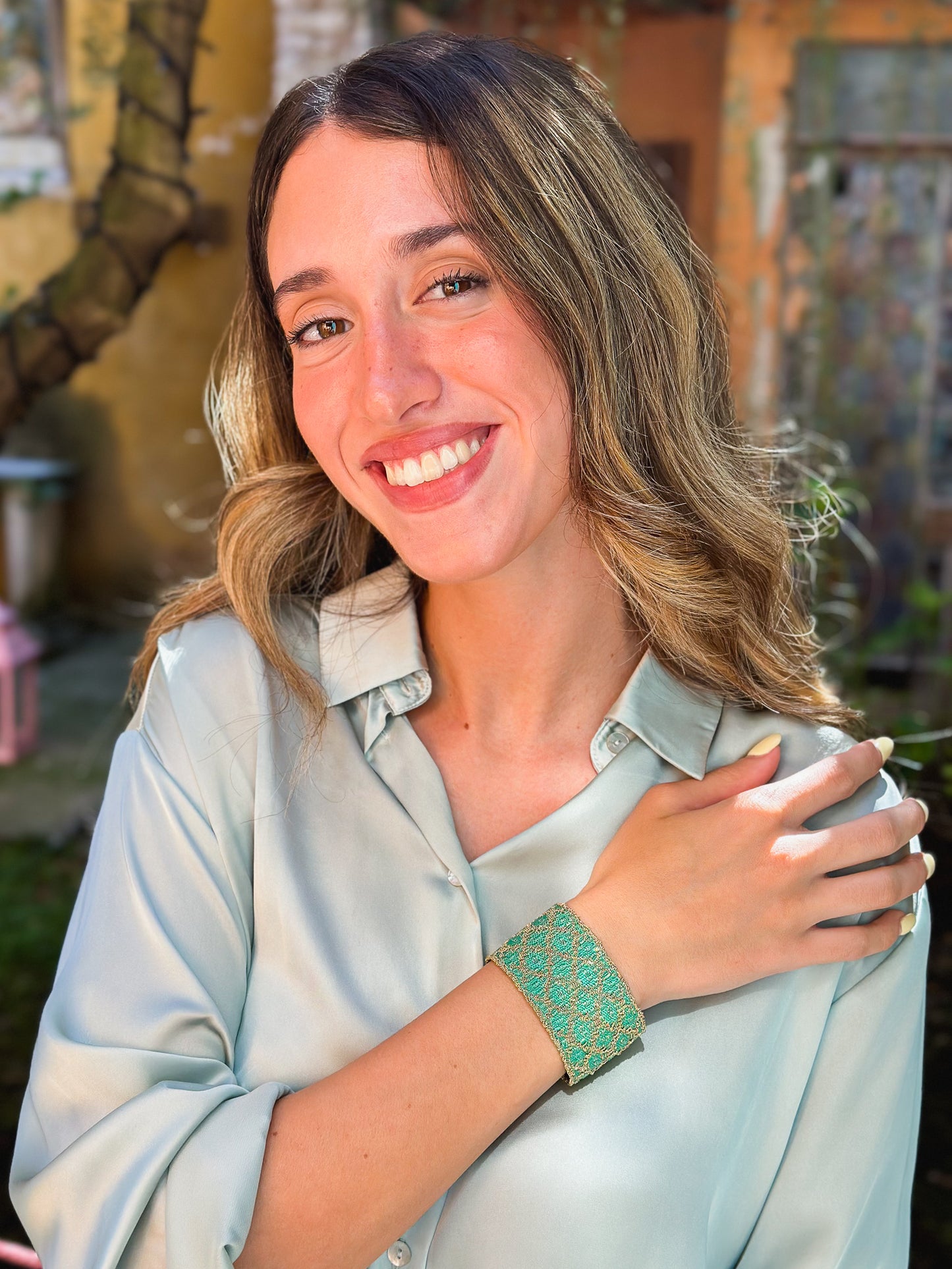 Bracciale fatto a mano in Argento placcato oro giallo 18kt con seta Verde