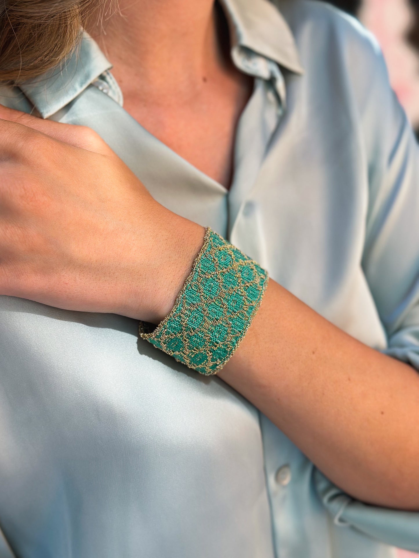 Bracciale fatto a mano in Argento placcato oro giallo 18kt con seta Verde