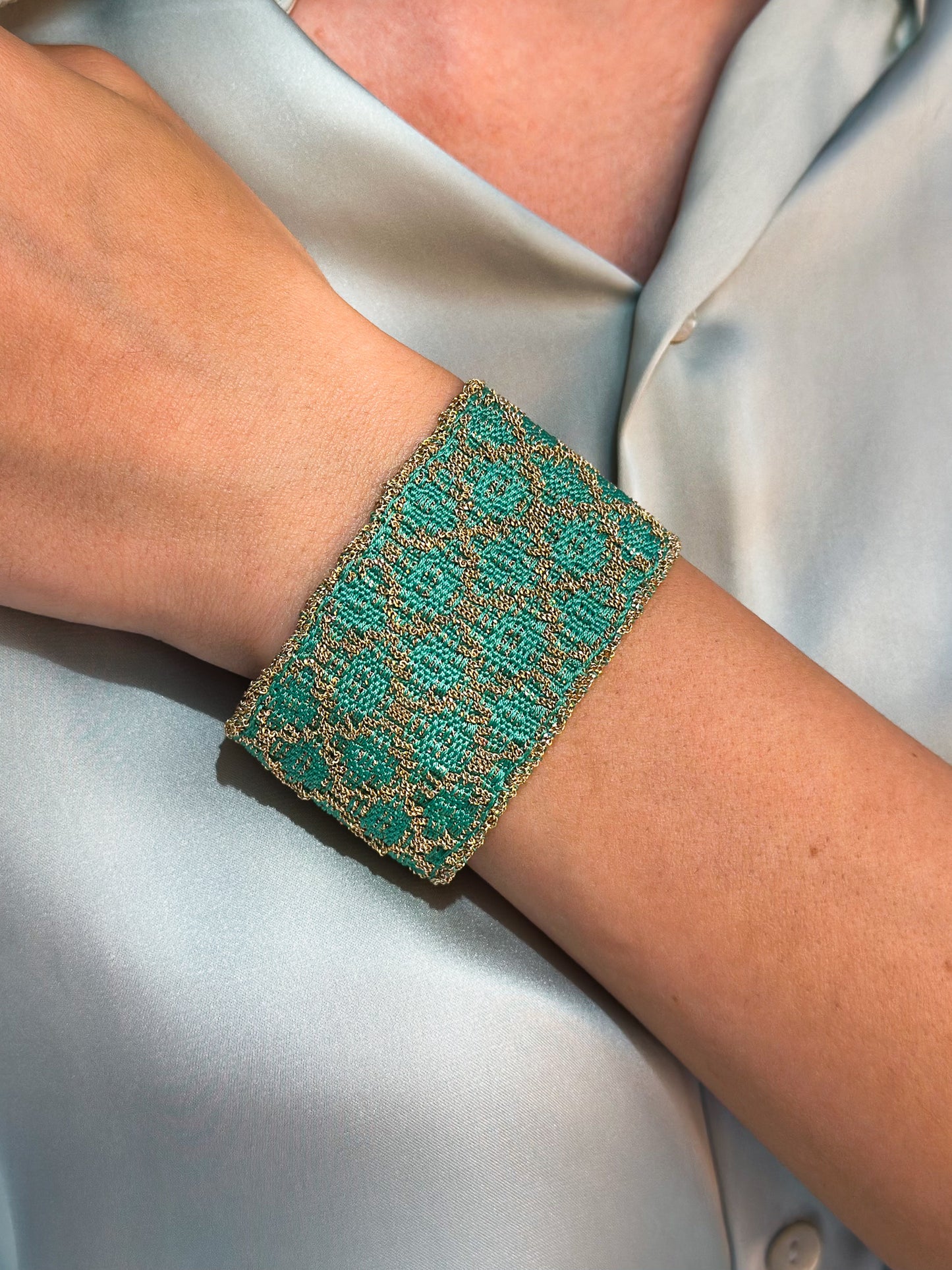 Bracciale fatto a mano in Argento placcato oro giallo 18kt con seta Verde