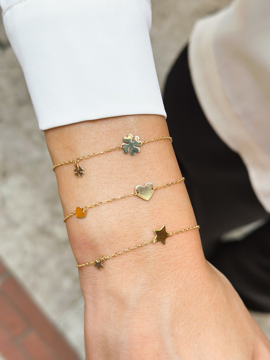 Bracciale in Oro 9kt con charms Stella, Cuore e Quadrifoglio