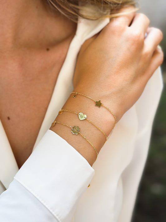 Bracciale in Oro 9kt con charms Stella, Cuore e Quadrifoglio