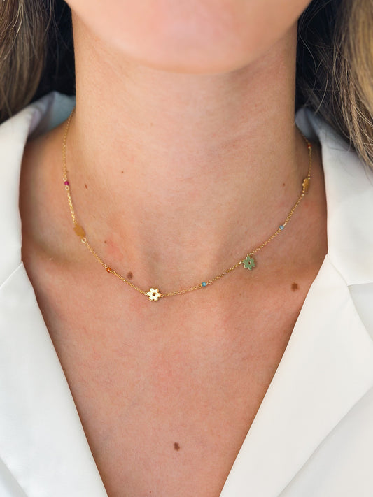 Girocollo in Oro 9kt con Fiorellini e Zirconi colorati