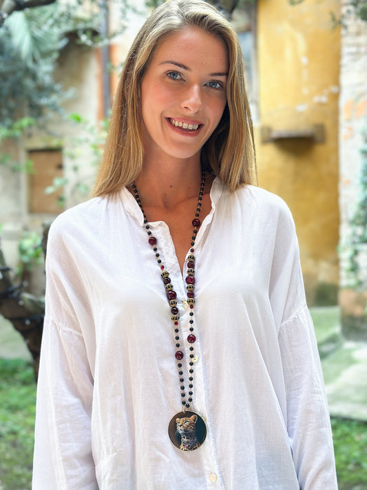 Collana Lunga con pendente Leopardo e Agata Bordeaux