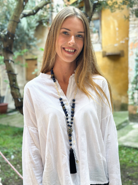 Collana Lunga in Argento con Occhio di Tigre e Nappa