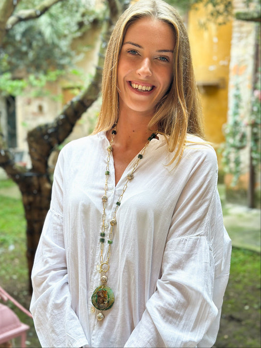 Collana Lunga in Argento con Giada e Onice con pendente Ghepardo