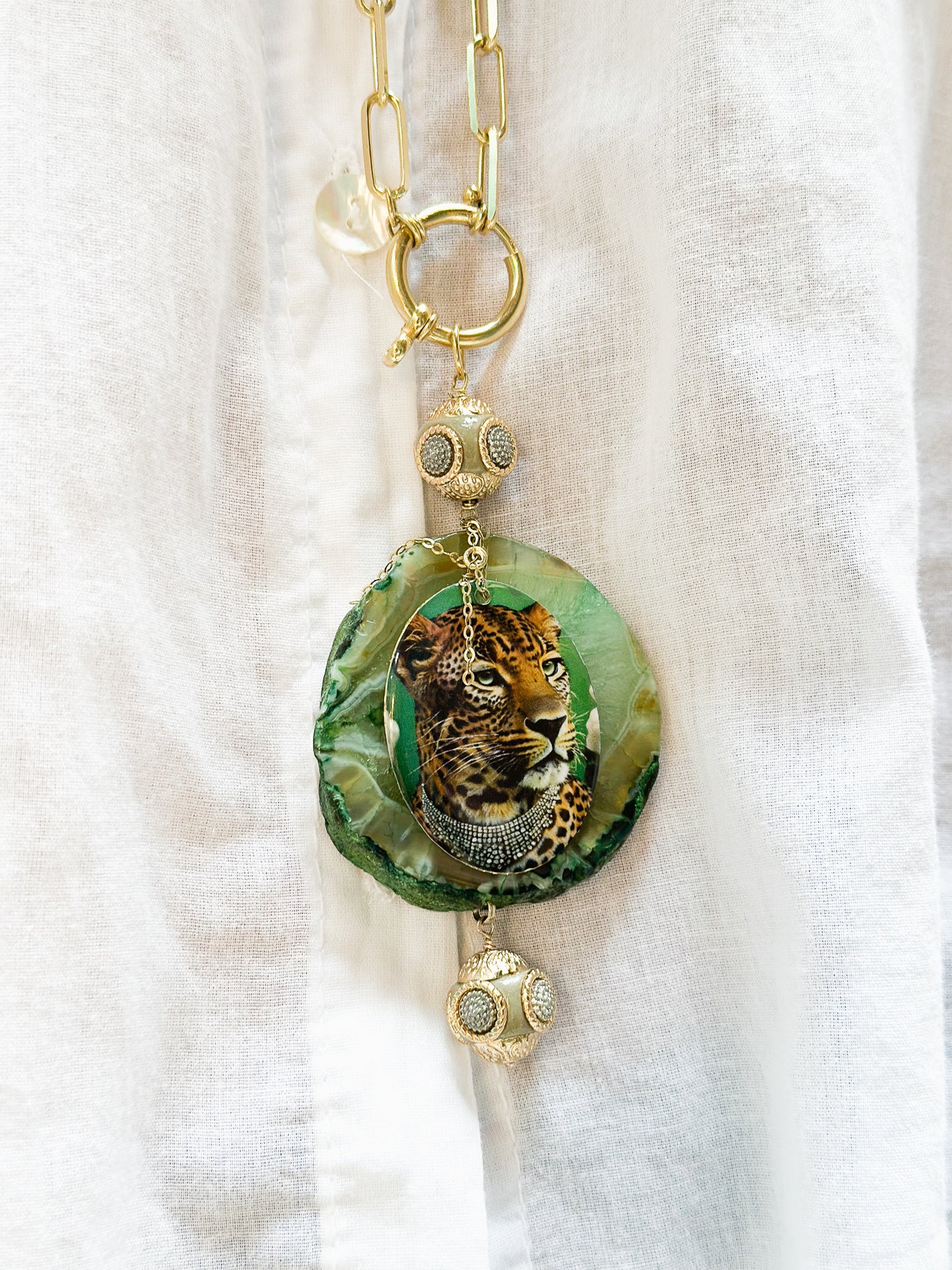 Collana Lunga in Argento con Giada e Onice con pendente Ghepardo