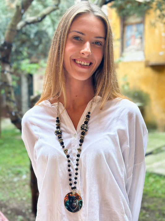 Collana Lunga in Argento con Agata Nera e pendente Pantera