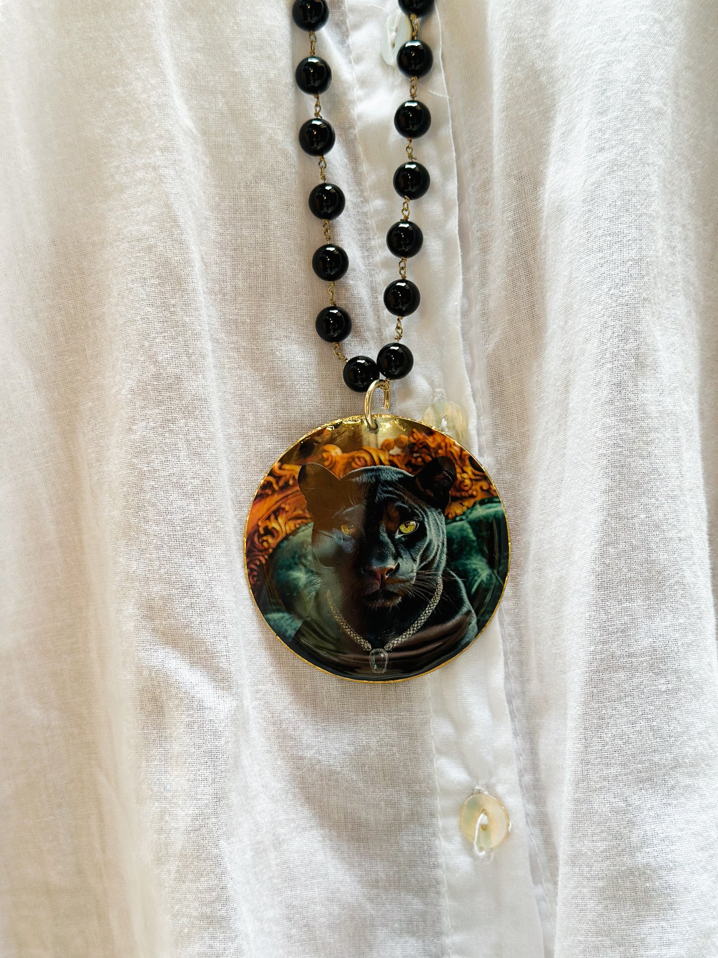 Collana Lunga in Argento con Agata Nera e pendente Pantera