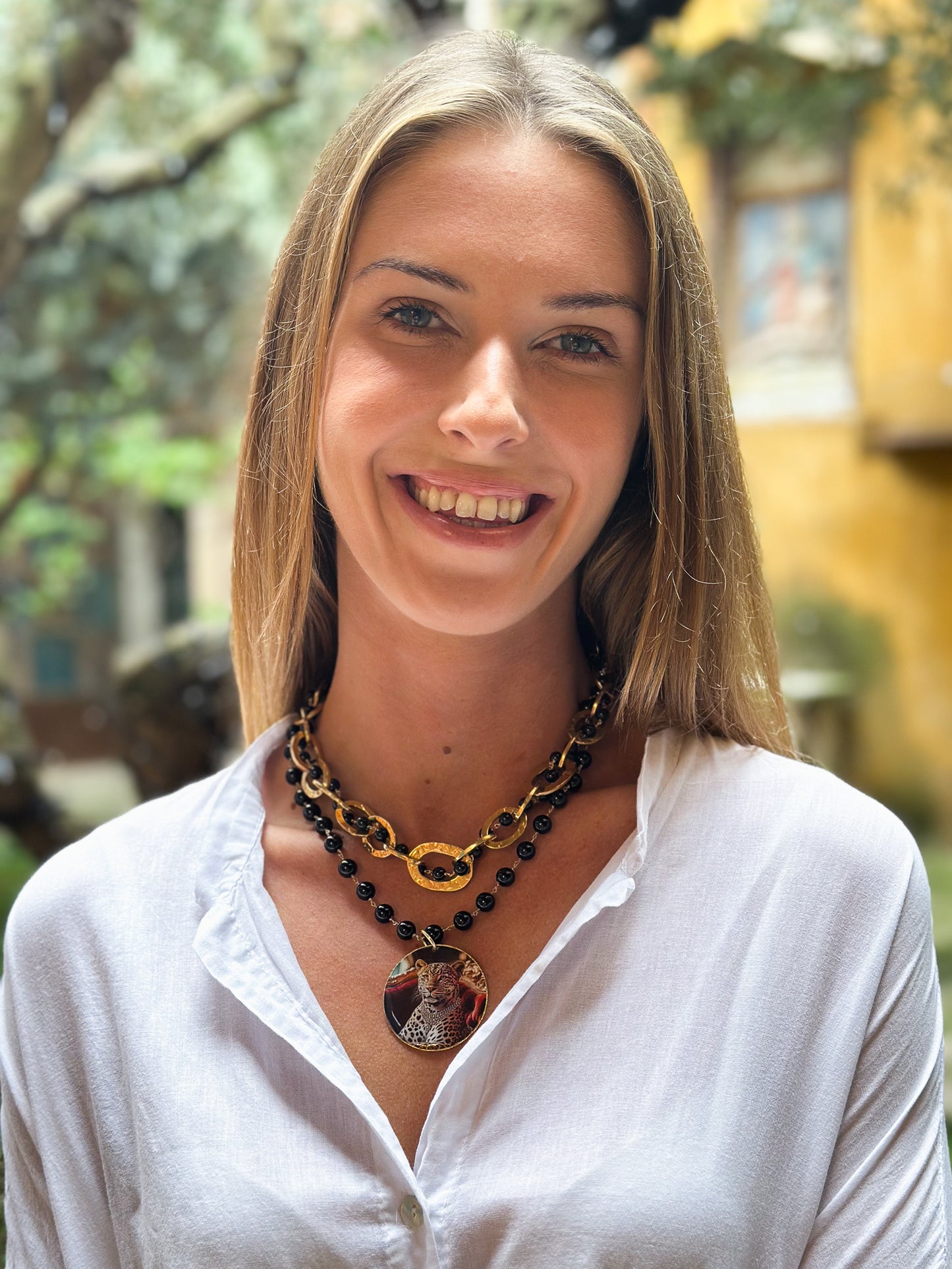 Girocollo/Collana in Acciaio e Agata Nera con pendente Ghepardo