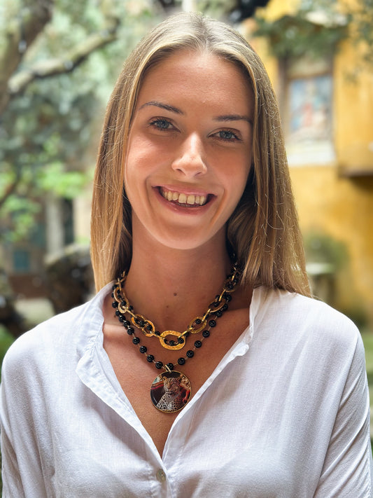 Girocollo/Collana in Acciaio e Agata Nera con pendente Ghepardo