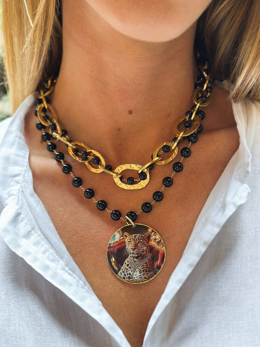 Girocollo/Collana in Acciaio e Agata Nera con pendente Ghepardo