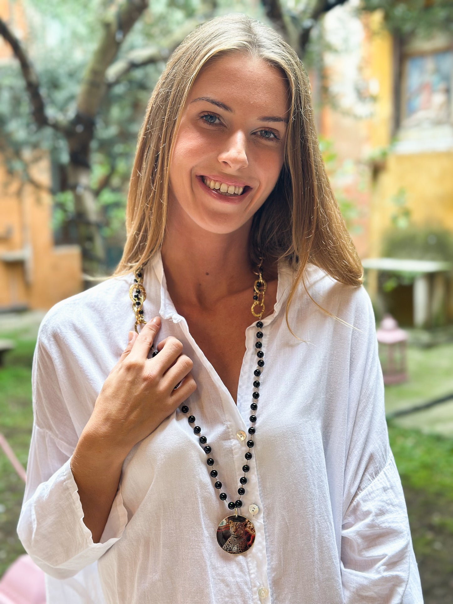 Girocollo/Collana in Acciaio e Agata Nera con pendente Ghepardo